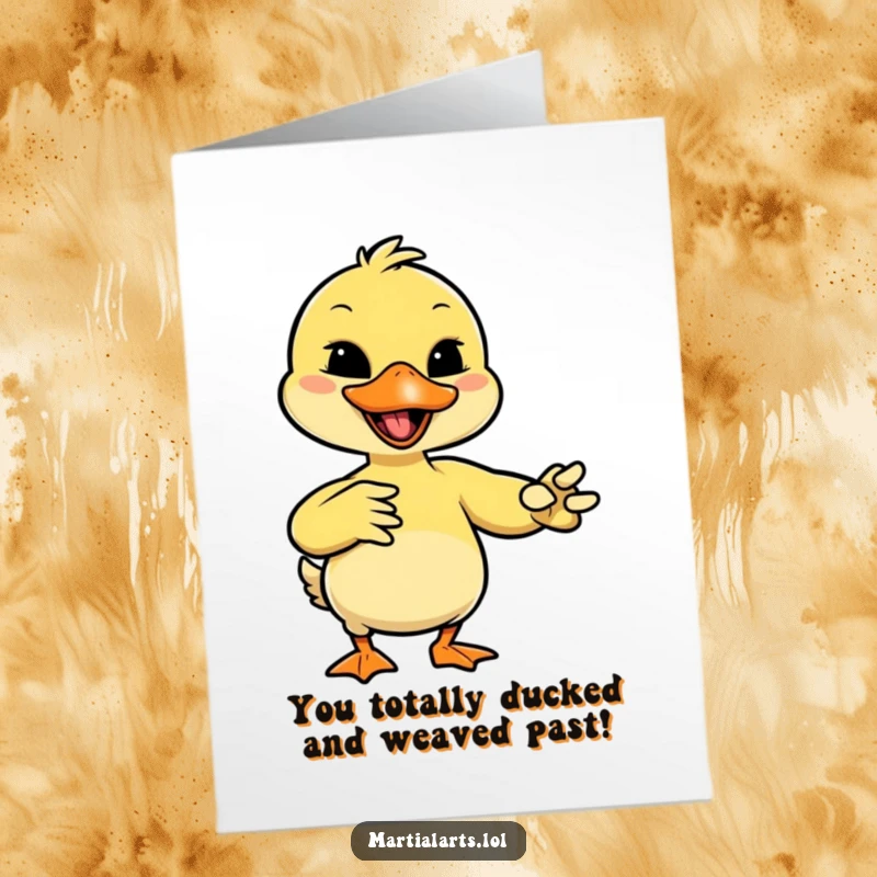 Funny Free Printable congratulations card with a giggling duck performing a martial arts move using its beak, celebrating success.