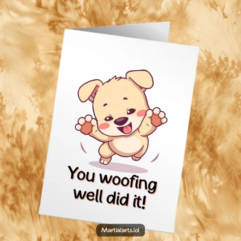 Funny Free Printable Congratulations Card: Cute Puppy Tumbling in a Playful Mock Fight, Celebrating Achievements with Glee