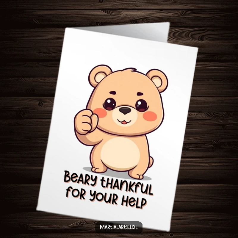 Funny Free Printable thank you card with a happy bear forming a fist, gaze fixed, conveying thanks with determined spirit.