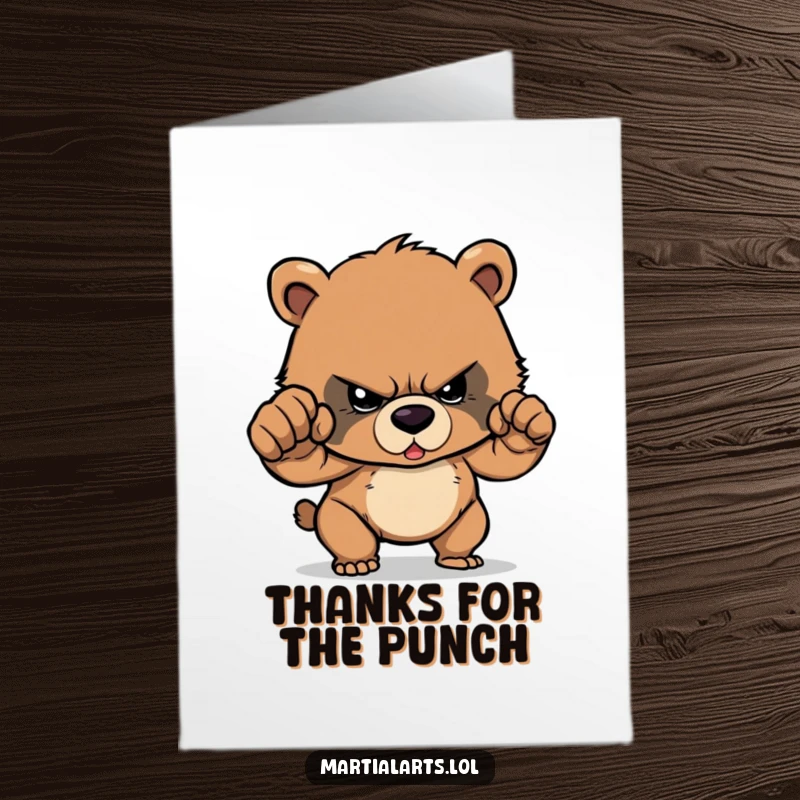 Funny Free Printable Thank You Card: Determined bear cub cub ready to deliver a powerful punch of thanks!