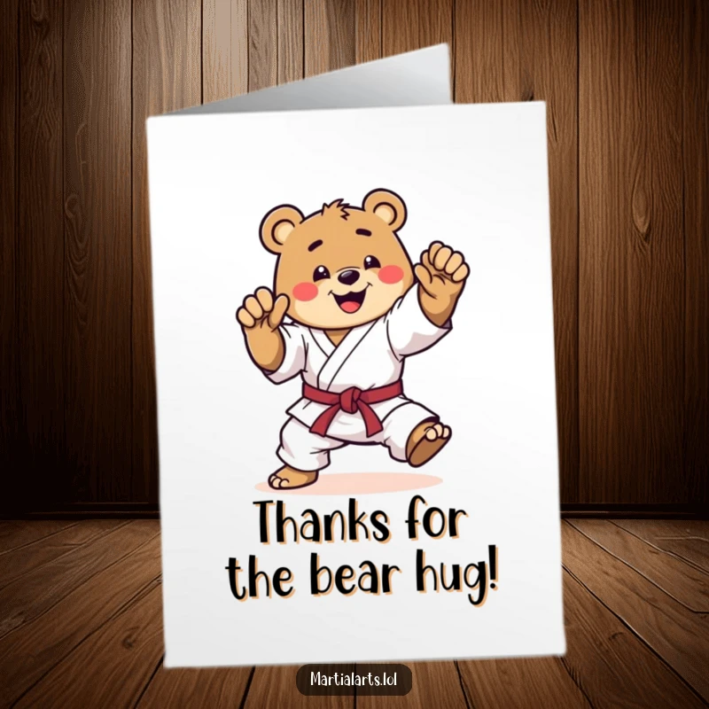Funny Free Printable Thank You Card: A happy bear striking a dynamic karate pose, mid-kick, expressing thanks.