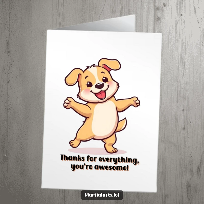 Funny Free Printable Thank You Card: A dog is captured mid-spin, showing energetic, happy gratitude.