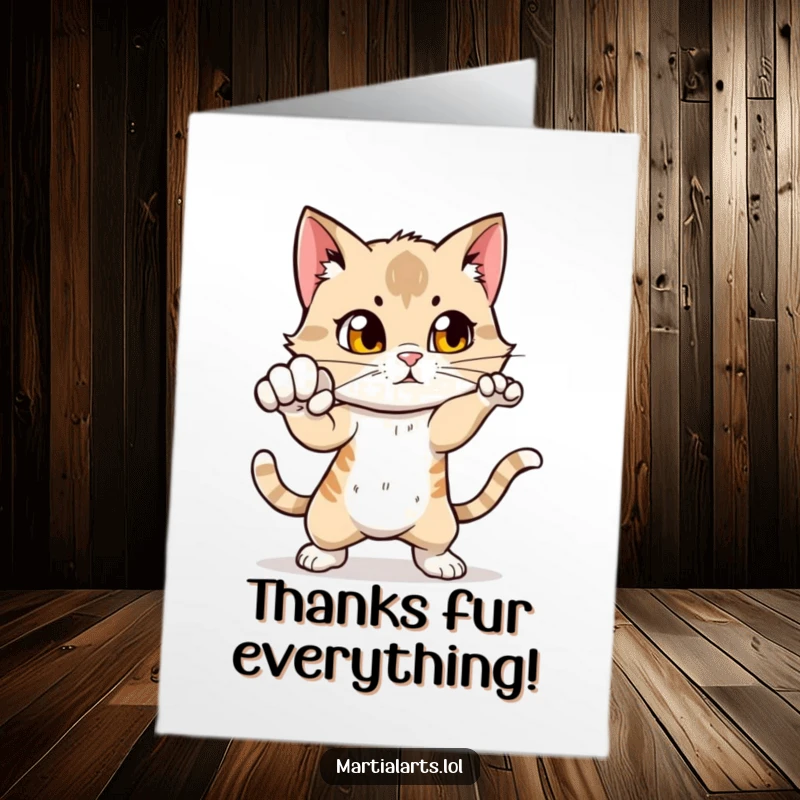 Funny Free Printable Thank You Card: Curious cat in a punch motion, conveying thanks.