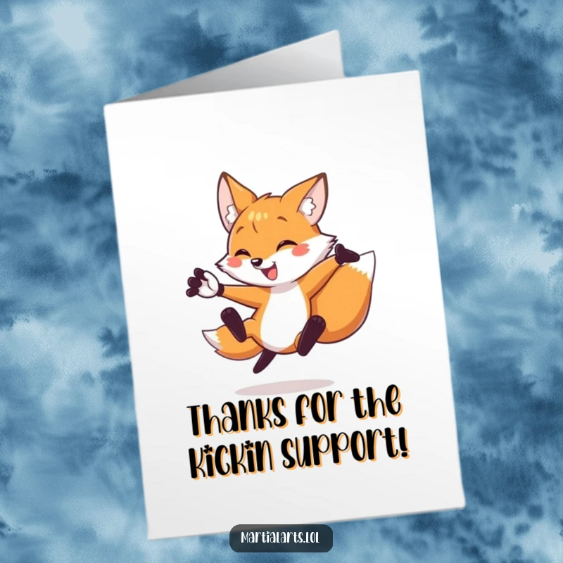 Funny Free Printable Thank You Card: A fox executes a lively kick, sending thanks with energy and flair.