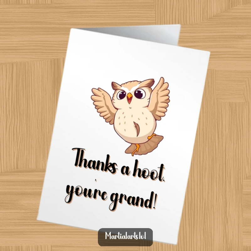 Funny Free Printable Thank You Card: A startled owl is caught mid-fall, offering a humorous expression of thanks.