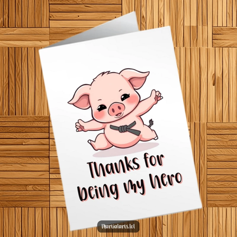 Funny Free Printable Thank You Card: A happy piglet doing a funny martial arts roll to show gratitude.