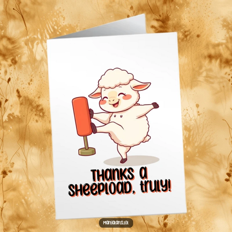 Funny Free Printable Thank You Card: A sheep gleefully kicks a training dummy to express thanks.