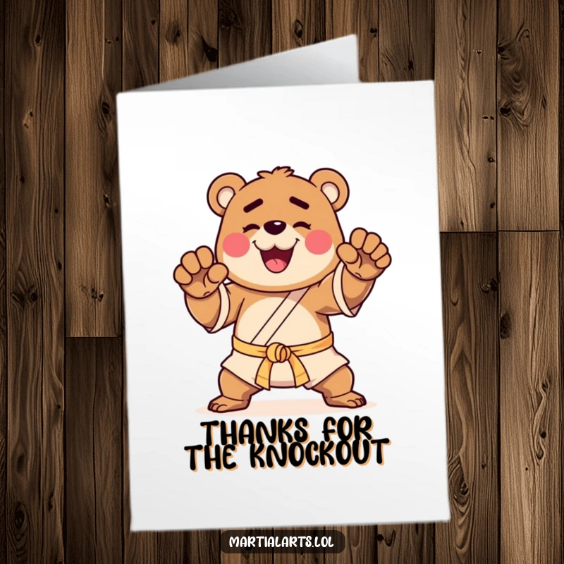 Funny Free Printable Thank You Card: A happy bear strikes a proud martial arts pose.