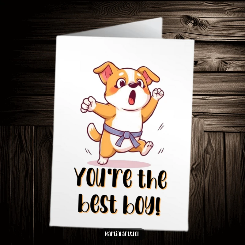 Funny Free Printable Thank You Card: A surprised dog attempting a comical, unsteady martial arts kick, conveying thanks in a hilarious way.