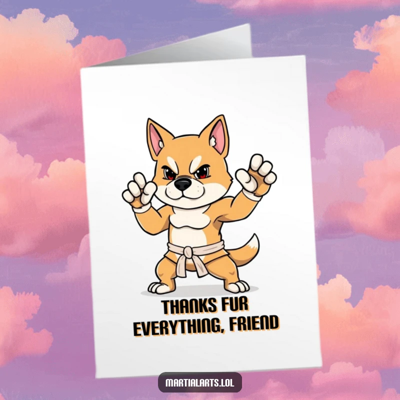 Funny Free Printable Thank You Card: A determined dog holding a balanced martial arts stance, conveying thanks.