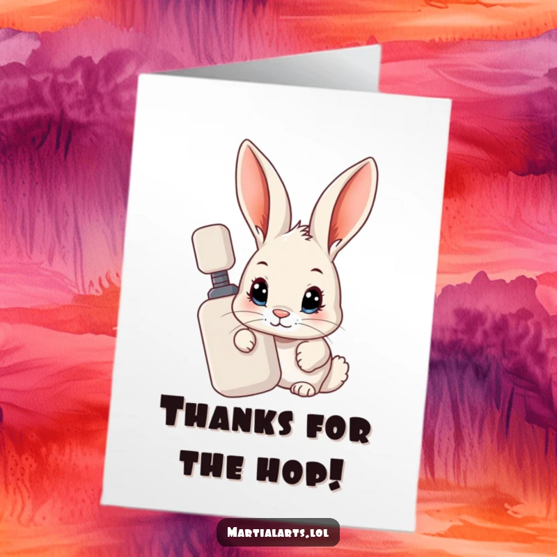 Funny Free Printable Thank You Card: Curious rabbit peeking from behind a training dummy, conveying shy gratitude.