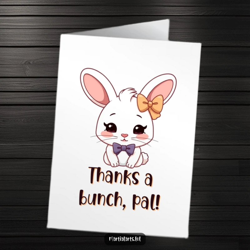 Funny Free Printable Thank You Card: A cheerful rabbit performing a deeply serious, formal bow, conveying gratitude with humorous politeness.
