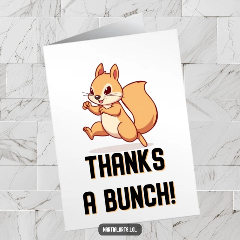 Funny Free Printable Thank You Card: Squirrel in a respectful martial arts bow, expressing gratitude with humor.