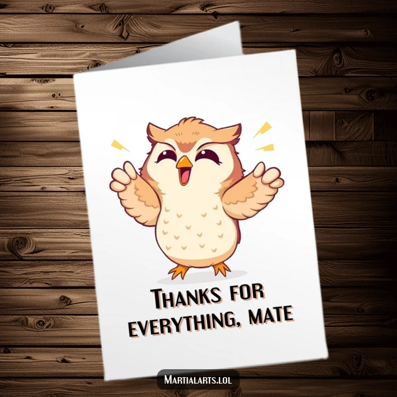 Funny free printable thank you card featuring a giggling owl giving an enthusiastic air punch of gratitude.