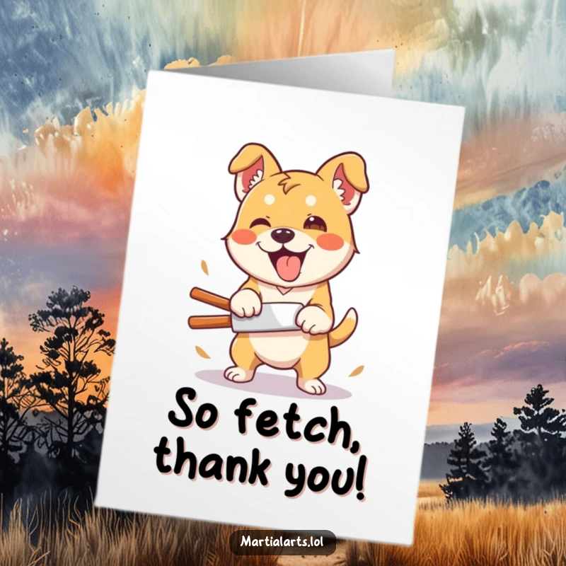 Funny Free Printable Thank You Card: Silly dog giving a thumbs-up while attempting a clumsy yet enthusiastic karate chop.
