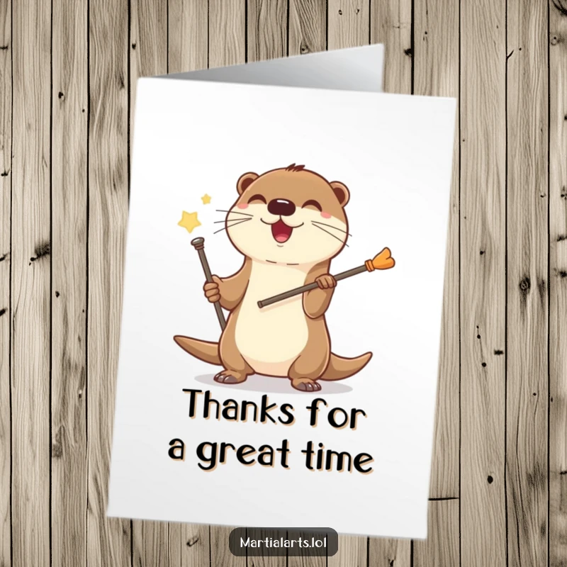 Funny Free Printable Thank You Card: A happy otter spinning a small staff with a cheerful flourish, conveying thanks.