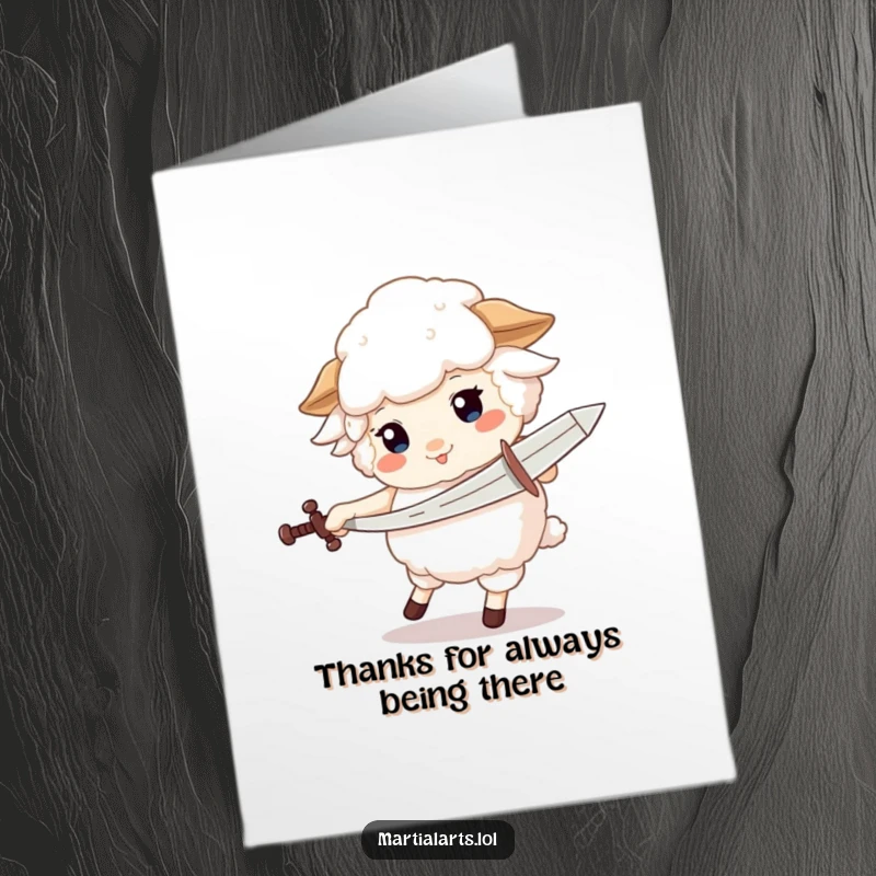 Funny free printable thank you card of a fluffy sheep with a pretend sword, offering thanks with a spin.