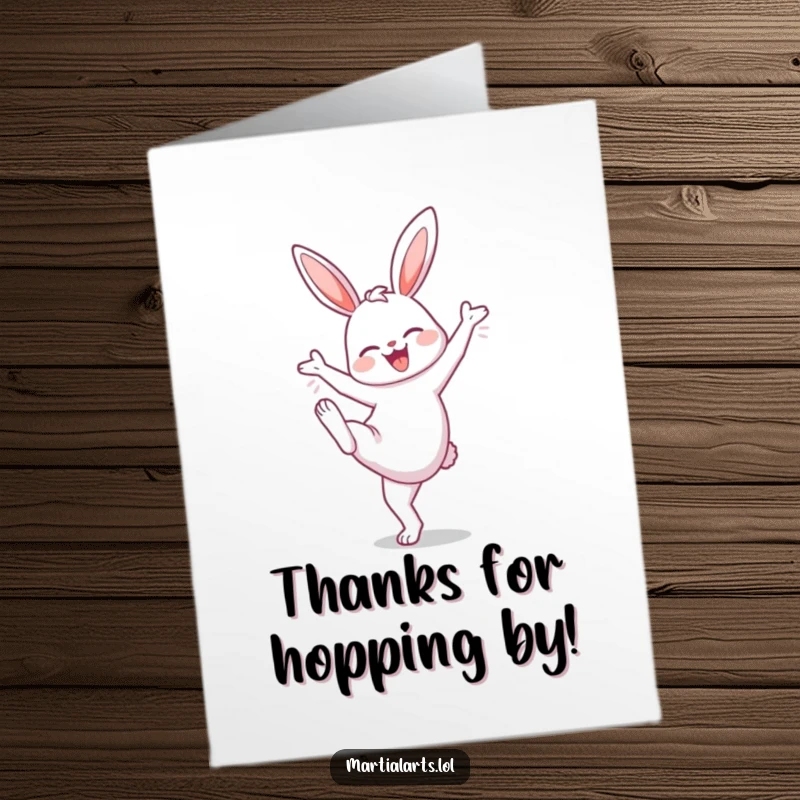 Funny Free Printable Thank You Card: Cheerful bunny performing a high knee lift, showing thanks.