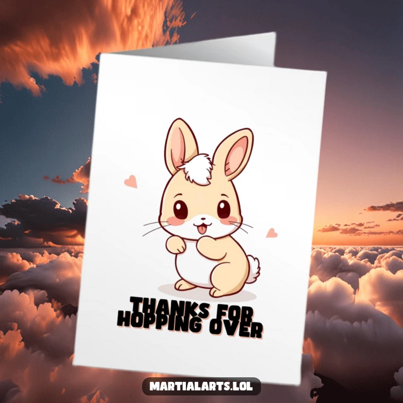 Funny Free Printable thank you card with a curious rabbit performing playful ducking and weaving movements.