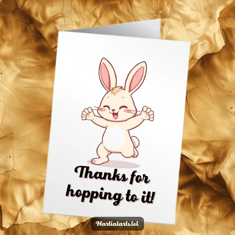 Funny Free Printable Thank You Card: A cute bunny stands firm, blocking a kick with its paws, sending thanks.