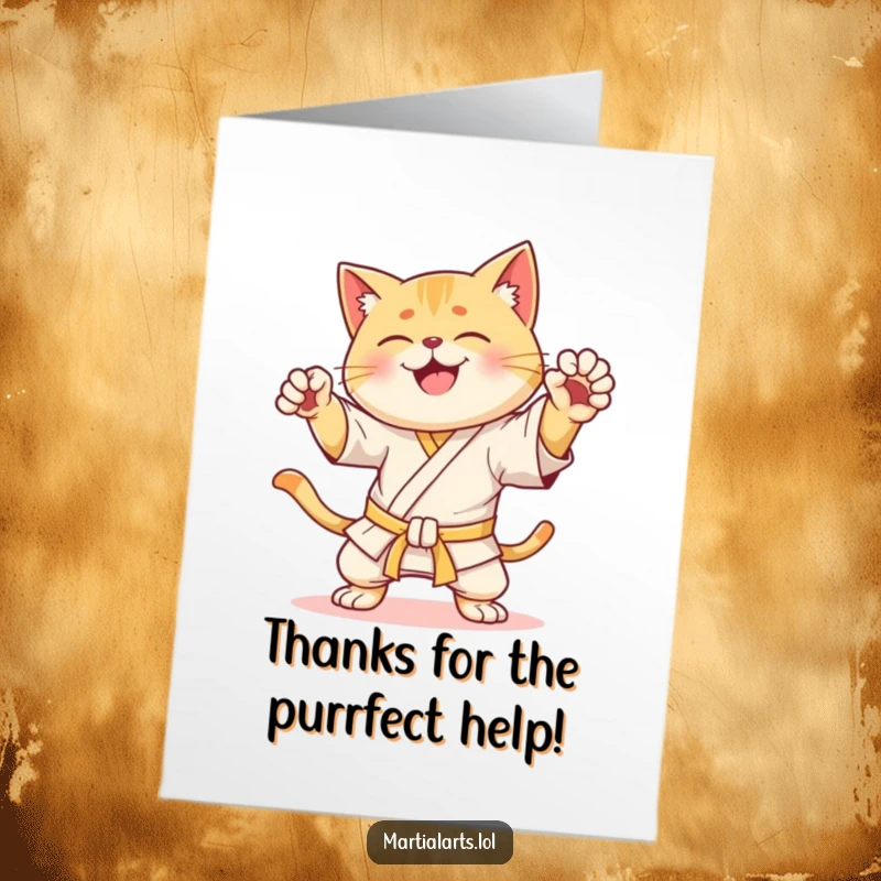 Funny Free Printable Thank You Card featuring a cat performing a karate pose, delivering thanks with energetic flair and a smile.