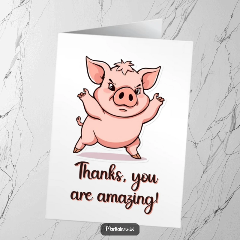 Funny Free Printable thank you card: a determined pig in a powerful, low stance, conveying thanks.
