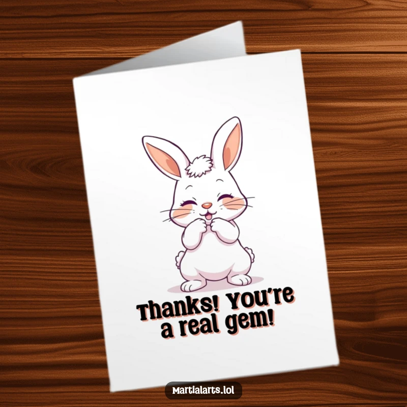Funny Free Printable Thank You Card: A playful bunny bows and prepares a mock strike, offering thanks with a humorous martial arts pose.