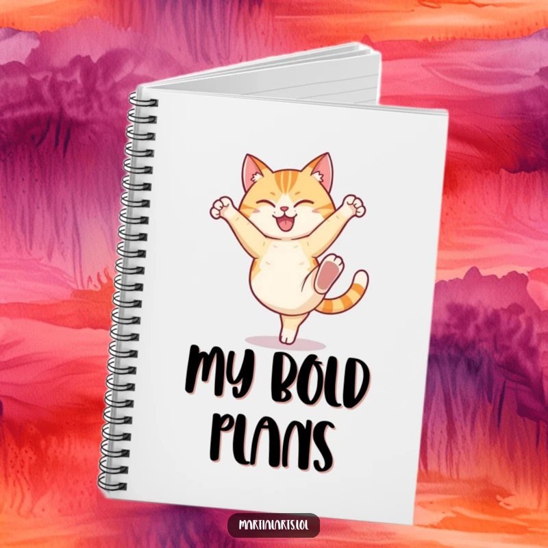 Funny cat notebook depicting a happy cat humorously performing a high kick with a determined expression, for jotting down ideas.