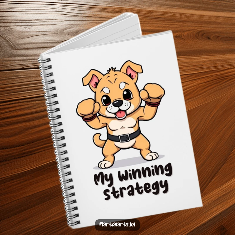 Funny dog notebook with a proud dog striking a victorious boxing pose, ideal for notes and doodles.