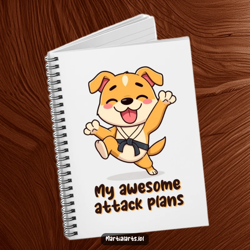Funny Dog Notebook with a cover showing a happy dog enthusiastically kicking its legs in a karate stance, ideal for jotting down energetic ideas.