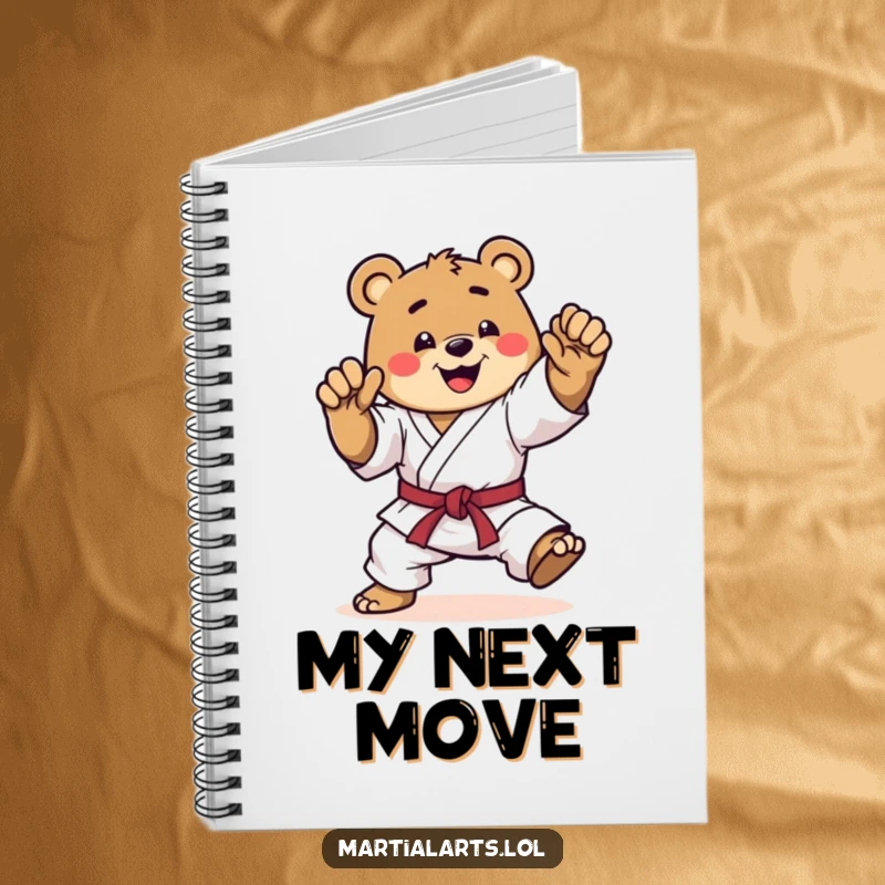Funny karate bear notebook, a happy bear in a dynamic mid-kick, ready to record your training notes and funny thoughts with martial arts spirit.