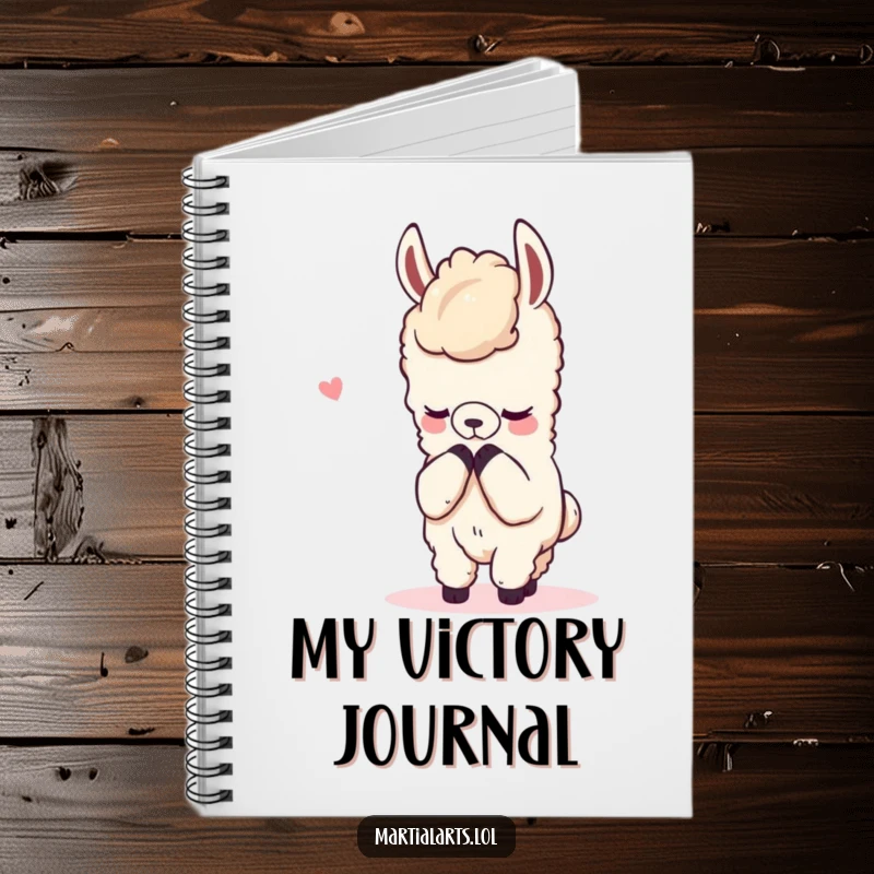 Funny notebook cover with a content llama bowing respectfully after a mock fight, ready for any task.