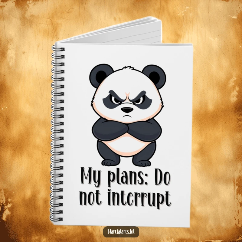 Funny panda notebook with a determined panda guarding the cover with crossed arms and a fierce, humorous expression.