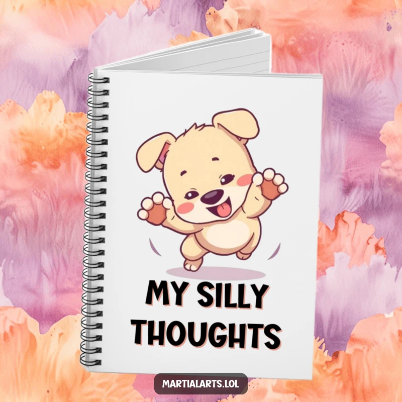Funny notebook with a playful puppy tumbling on the cover, ideal for jotting down ideas with a humorous touch.