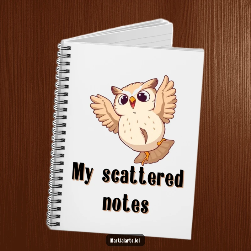 Funny notebook with a startled owl tumbling from a leap, perfect for jotting down ideas humorously.