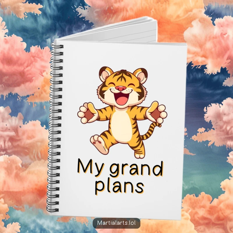 Funny notebook with a joyful tiger in a leaping pose on the cover, ideal for jotting down thoughts humorously.