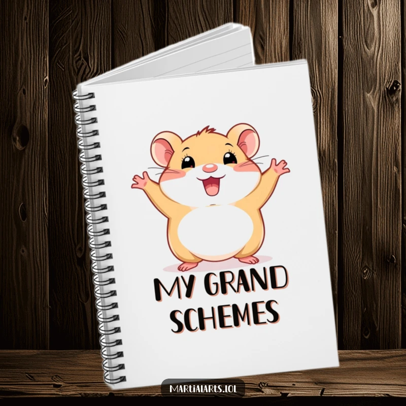 Funny hamster notebook showing a happy animal in a wide, energetic stance, ideal for jotting down energetic ideas.