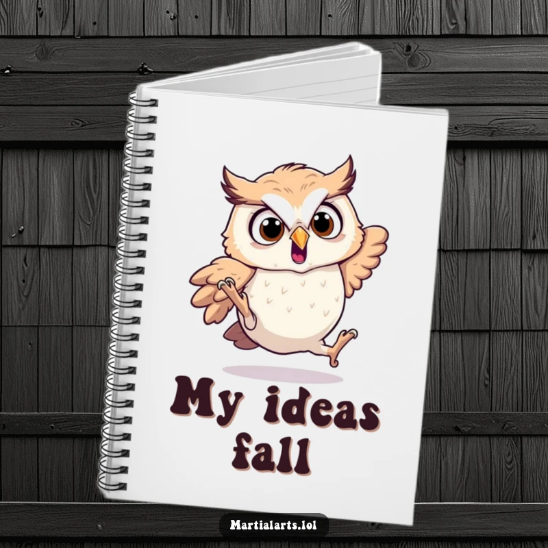 Funny startled owl notebook featuring a tumbling owl, great for note-taking.
