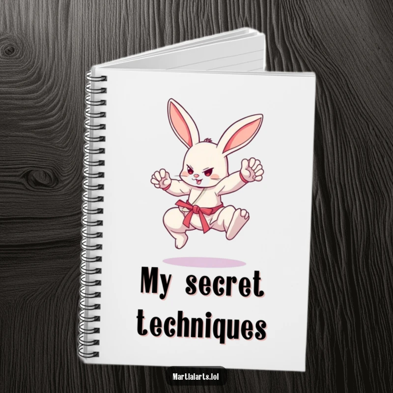 Funny bouncing bunny in dynamic martial arts stance, perfect for writing funny notes, gift idea.