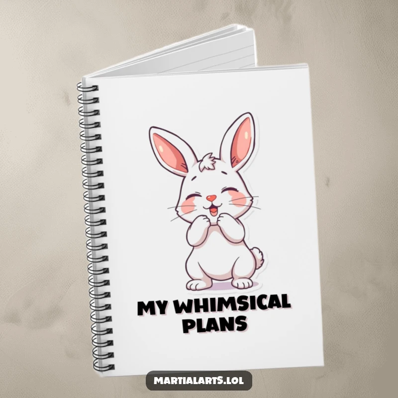 Funny playful bunny notebook featuring a bunny in a mock strike pose, encouraging creative thoughts.