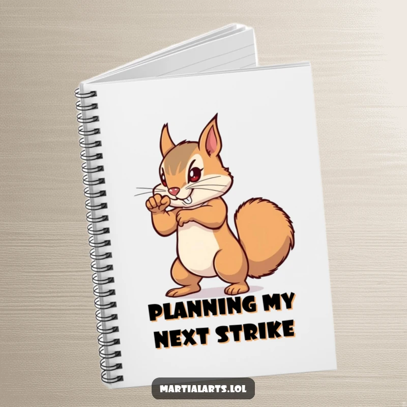 Funny Squirrel Punch Notebook featuring a determined squirrel practicing a punch, ideal for jotting down powerful thoughts.