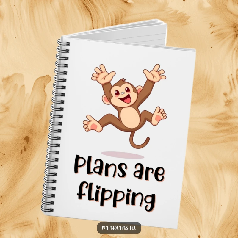 Funny monkey flip notebook, a mischievous monkey mid-acrobatic flip, ready to capture your funny thoughts and creative ideas with playful energy.