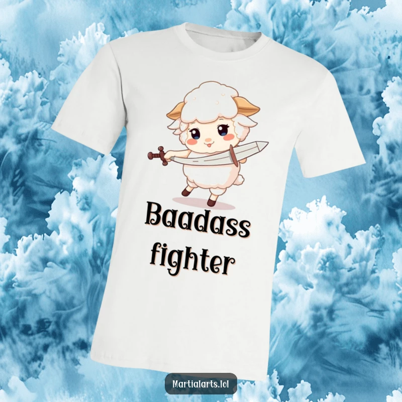 Funny t-shirt featuring a fluffy sheep in a comical spin, brandishing a pretend sword with playful abandon.