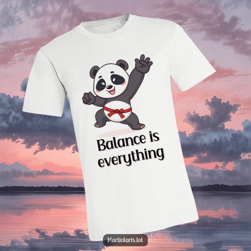 Funny t-shirt with a joyful panda in a high leg kick, depicting a martial arts pose and conveying playful energy.