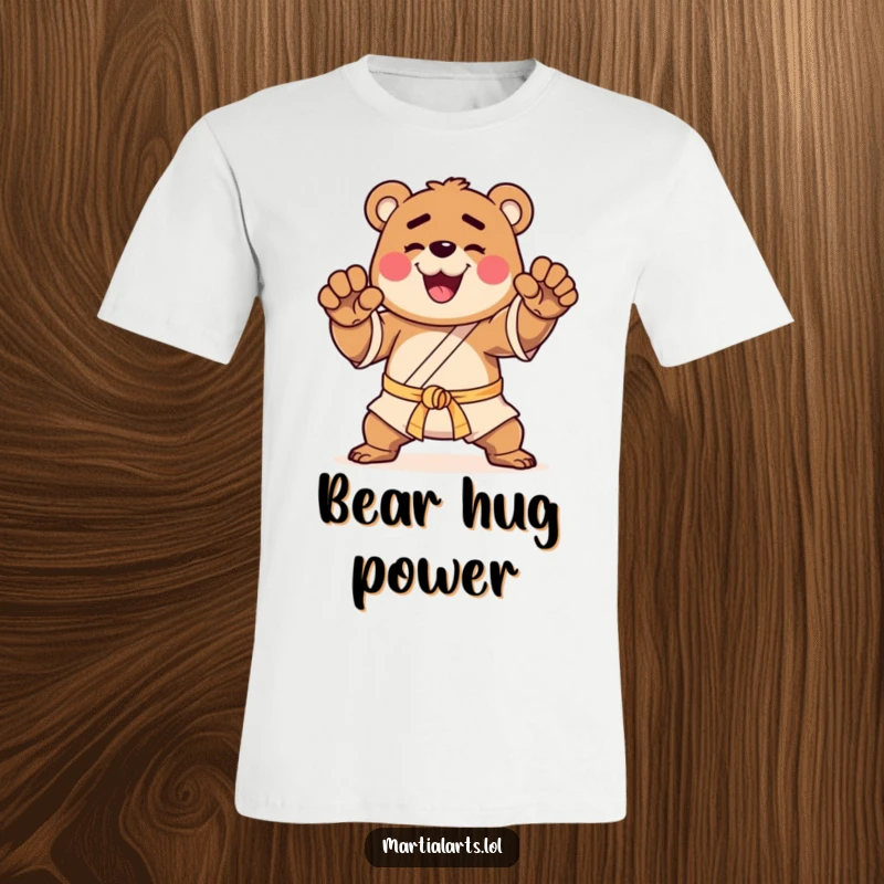 Funny t-shirt with a happy bear striking a proud martial arts pose, perfect for showing off strength and humor.