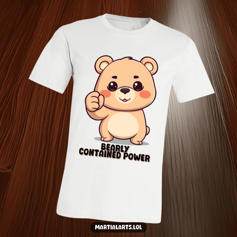 Funny happy bear making a strong fist with a determined look, printed on this graphic tee.