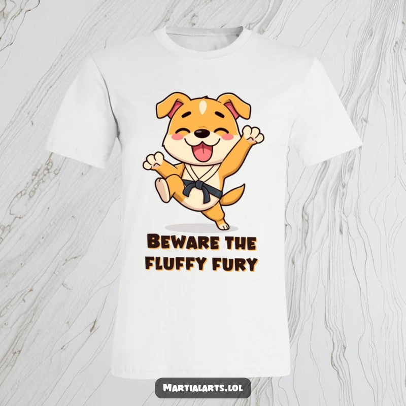 Funny Dog T-Shirt depicting a happy dog in a dynamic karate stance, enthusiastically kicking its legs with pure joy.