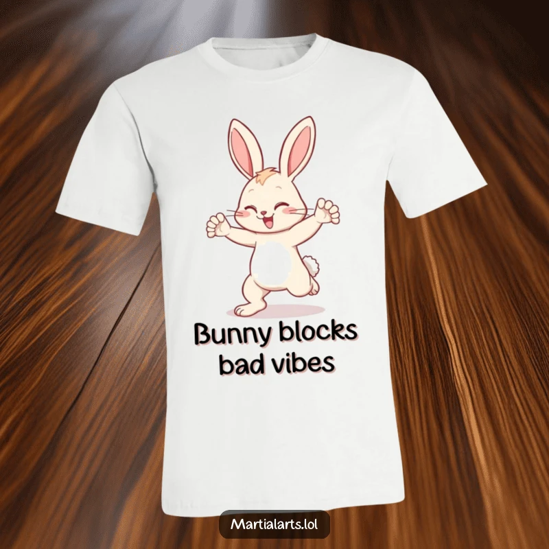 Funny bunny t-shirt showcasing a happy bunny skillfully blocking an incoming kick with its strong forelimbs.