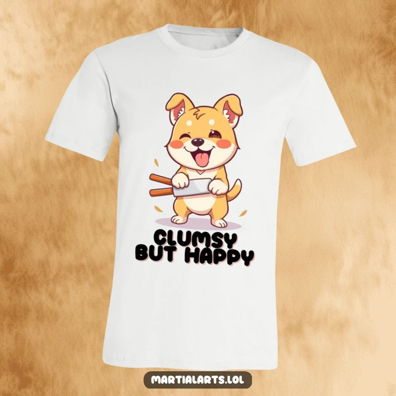 Funny Dog Kung Fu T-Shirt: A silly dog with a clumsy, enthusiastic karate chop, perfect for casual, humorous wear.