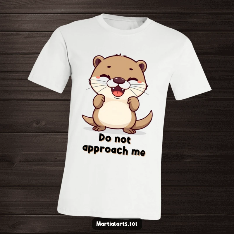 Funny t-shirt showcasing a delighted otter striking a funny, defensive pose with a determined and amusing expression.